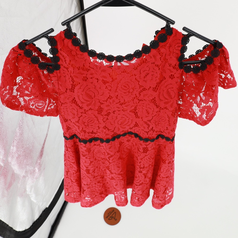 Kate Spade Girls‎ Red Floral Lace Cold Shoulder Dress Black Trim Size 12 Elegant - Picture 5 of 9